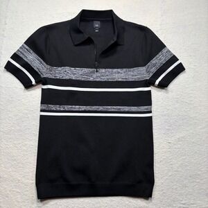 River Island Mens Black Striped Quarter Zip Knit Polo Shirt Medium #979